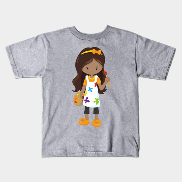 African American Girl, Painter, Painting, Brush Kids T-Shirt by Jelena Dunčević